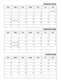 2022 Three Month Calendar Template