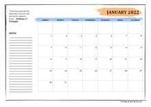 2022 Student Calendar With Note Space