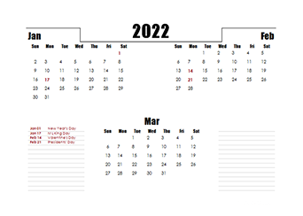 2022 Quarterly Three Month Calendar