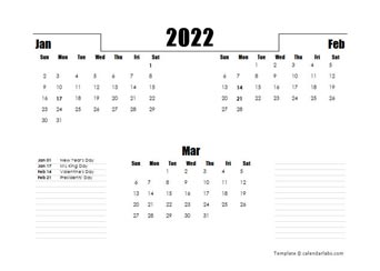 2022 Three Months Word Calendar Template