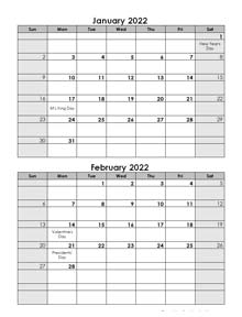 2022 Word Calendar Template Two Months In One Page