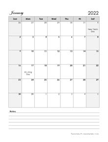 2022 Word Calendar Template With Notes