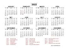 2022 Year at a Glance Calendar with Canada Holidays