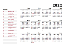 2022 Year Calendar Template with US Holidays