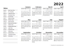 2022 Year Calendar Word Template With Holidays