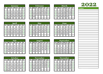 2022 Yearly Calendar With Blank Notes