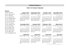 2022 Yearly School Aug-Jul Calendar With Holidays