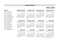 2022 Yearly School Sep-Aug Calendar With Holidays