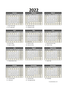 Editable 2022 Yearly Spreadsheet Calendar