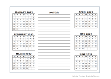 6 Months Per Page Calendar Template 2022