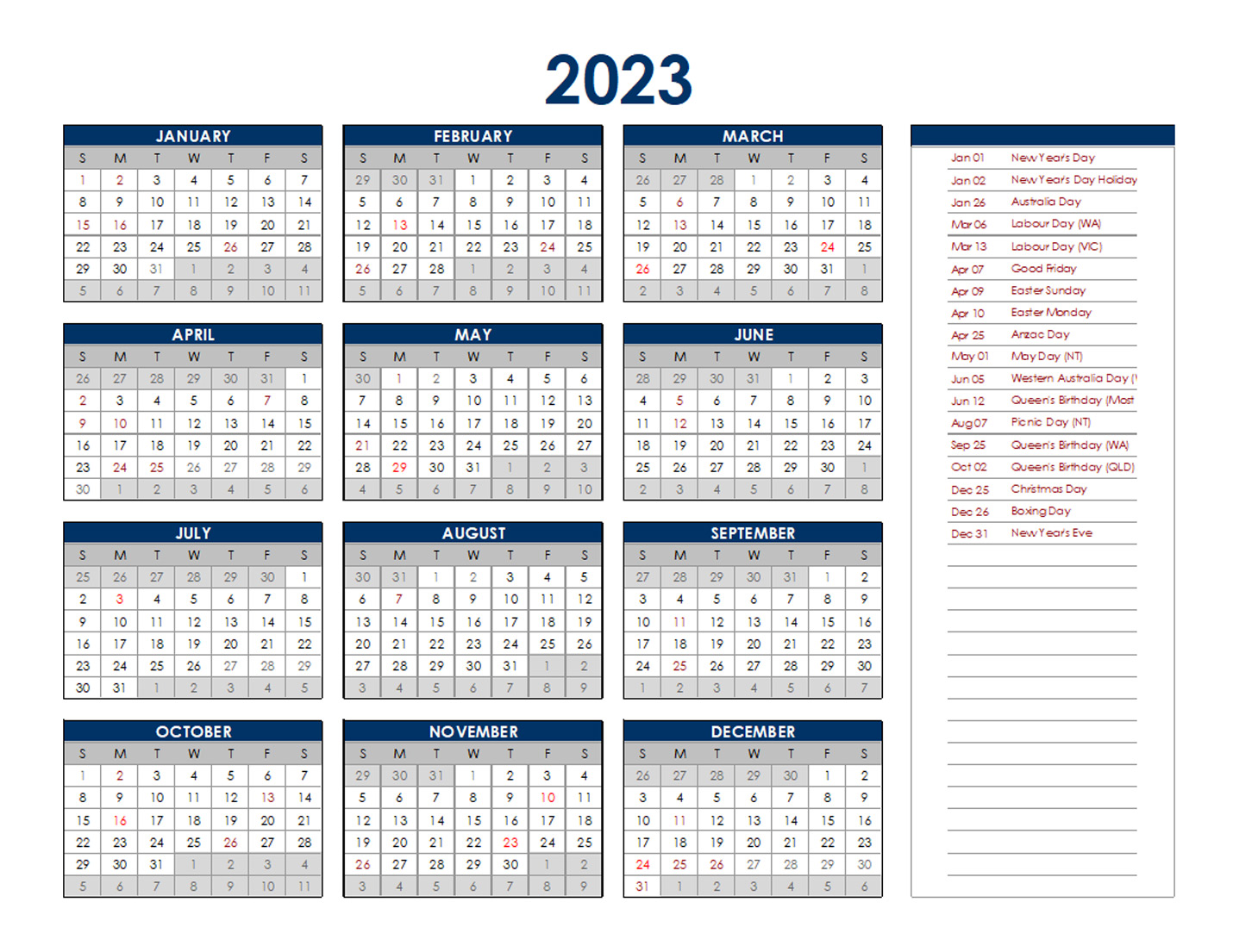 2023 Australia Annual Calendar With Holidays Free Printable Templates