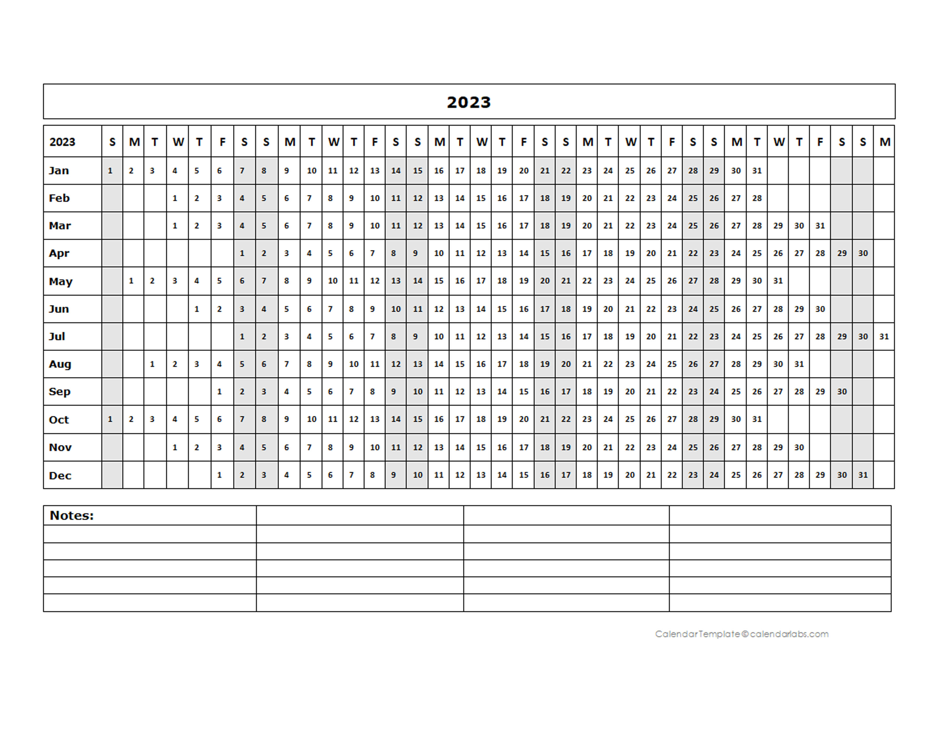 2023 Blank Landscape Yearly Calendar Template Free Printable Templates