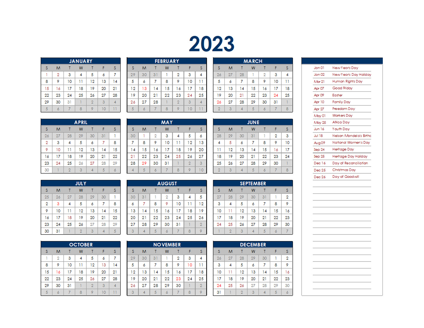 2023 South Africa Annual Calendar With Holidays Free Printable Templates