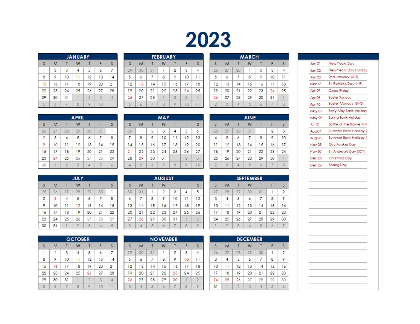 2023 Uk Annual Calendar With Holidays Free Printable Templates