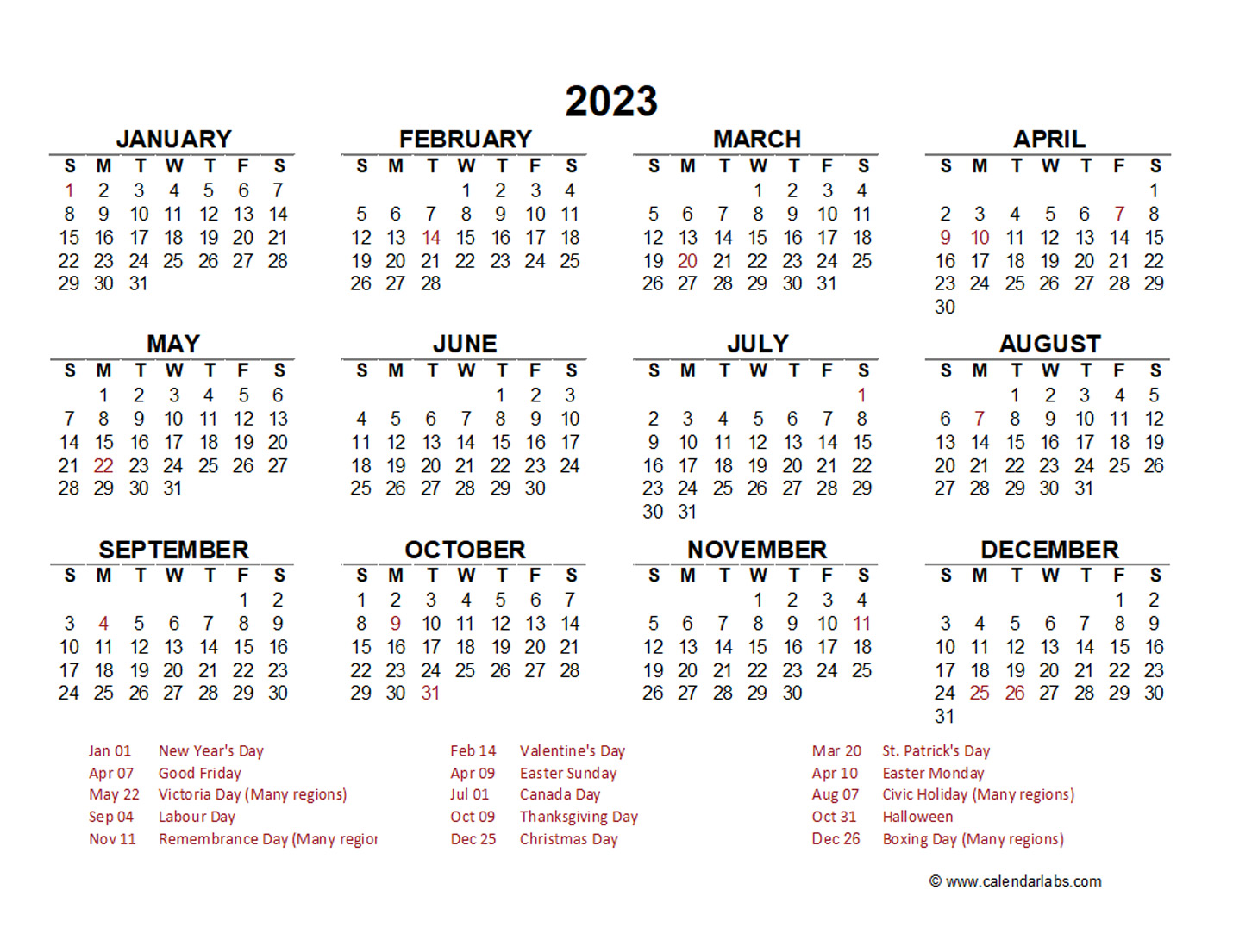2023 Calendar With Canada Holidays At Bottom Landscape Layout