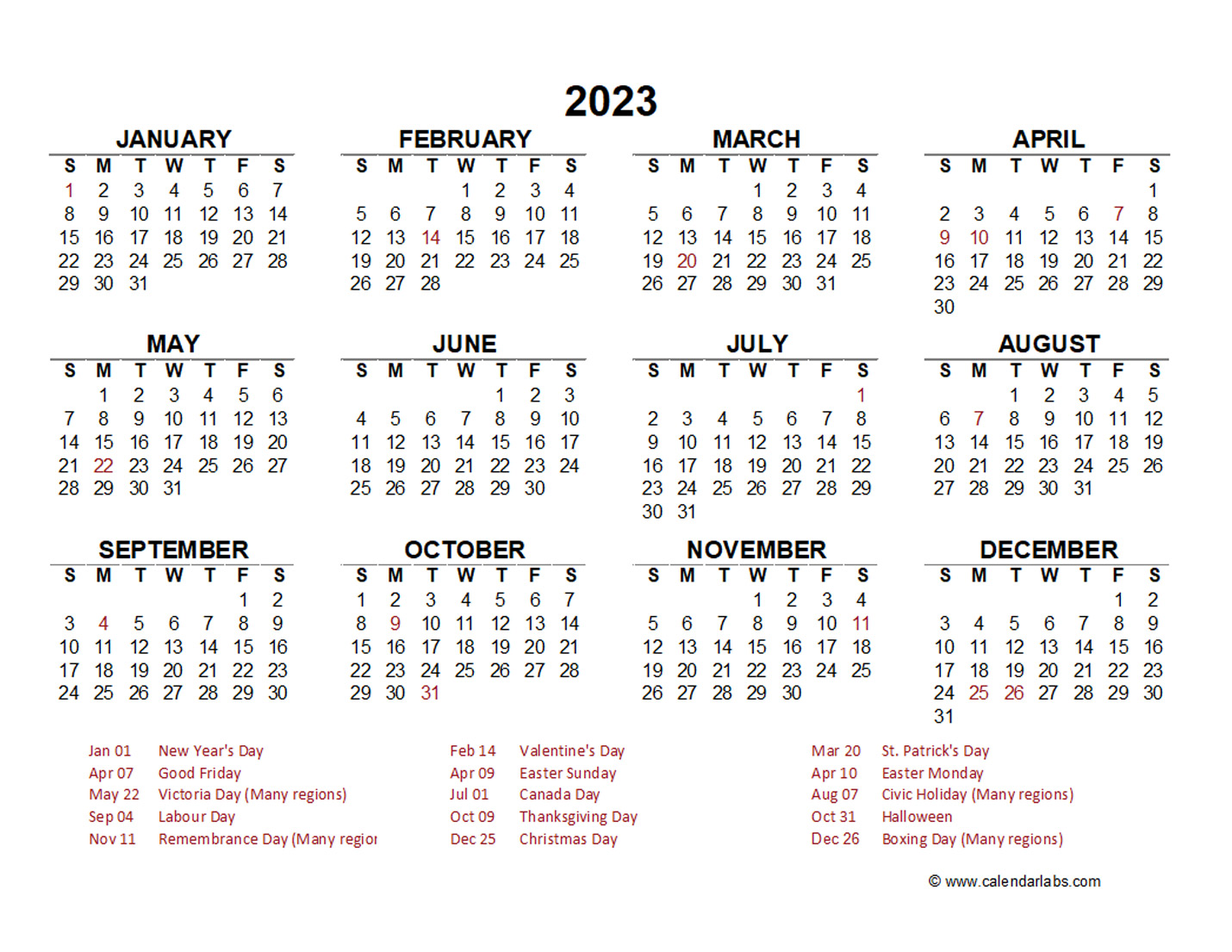 2023 Year At A Glance Calendar With Canada Holidays Free Printable