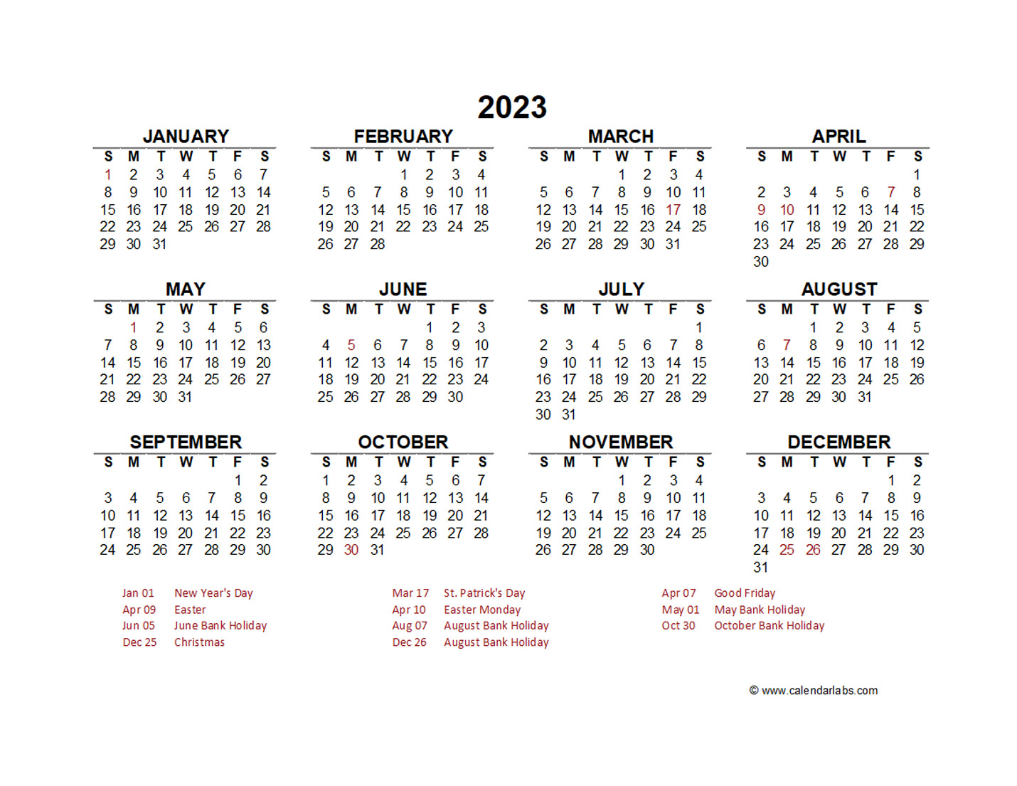 2023 Year at a Glance Calendar with Ireland Holidays Free Printable
