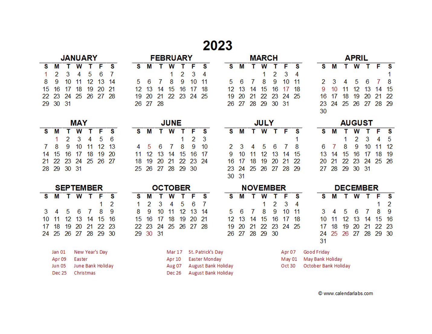 2023 Year At A Glance Calendar With Ireland Holidays Free Printable