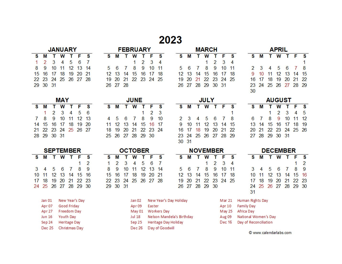 2023 Year At A Glance Calendar With South Africa Holidays Free