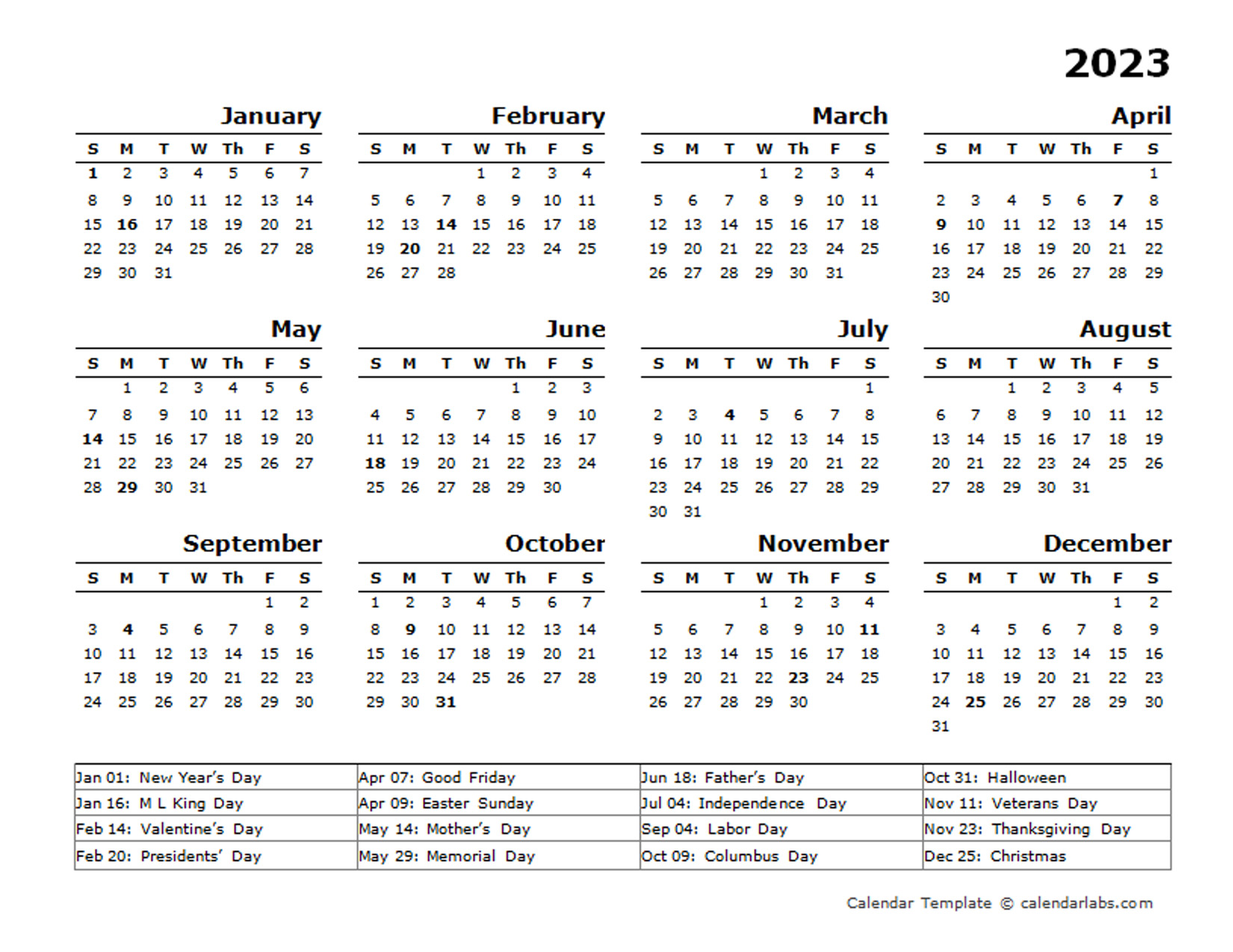 Free Printable Yearly Calendar With Holidays 2023