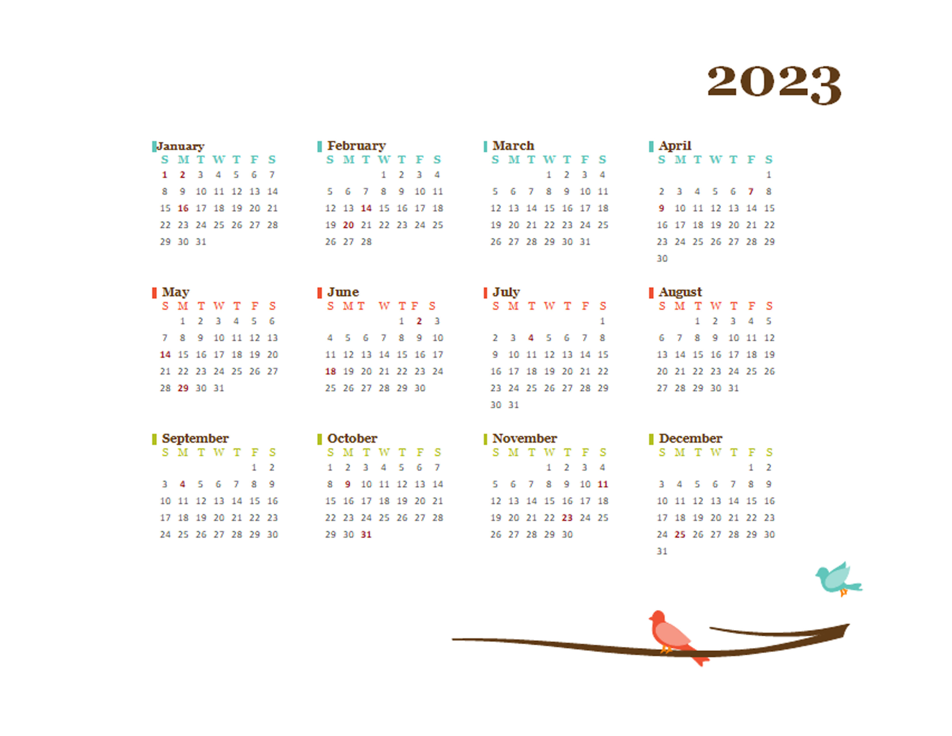 2023 Yearly Calendar Bird Template - Free Printable Templates