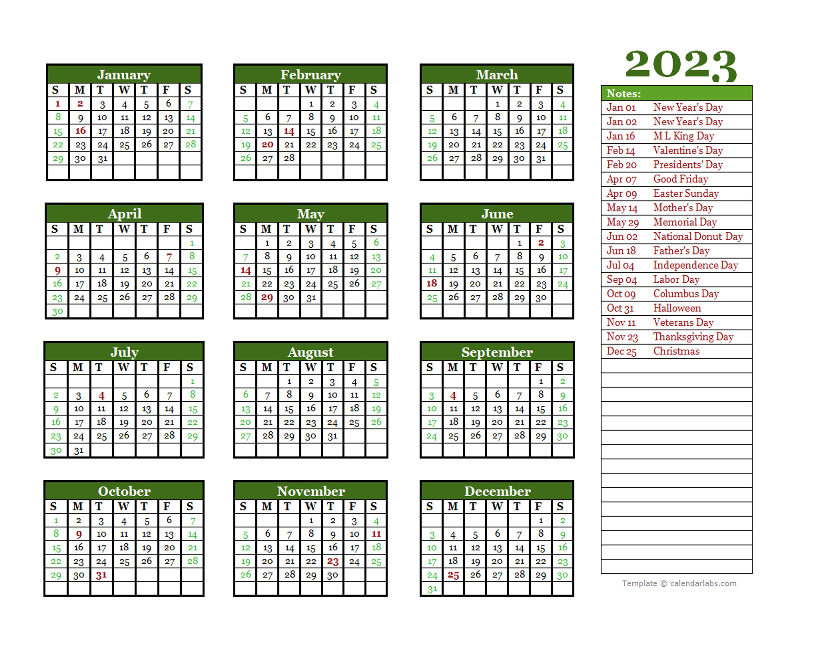 editable 2023 yearly calendar landscape free printable using google