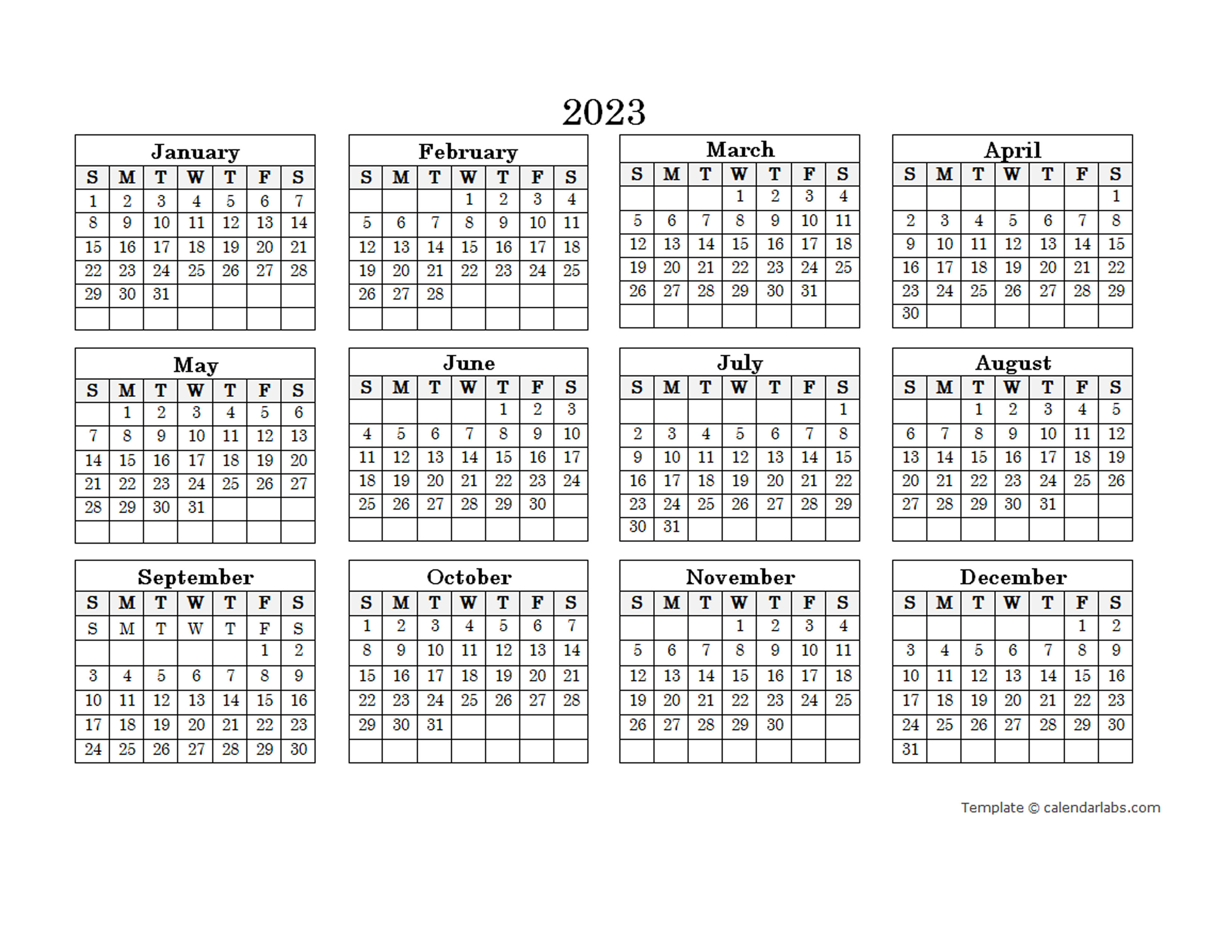 2023 Blank Yearly Calendar Landscape - Free Printable Templates