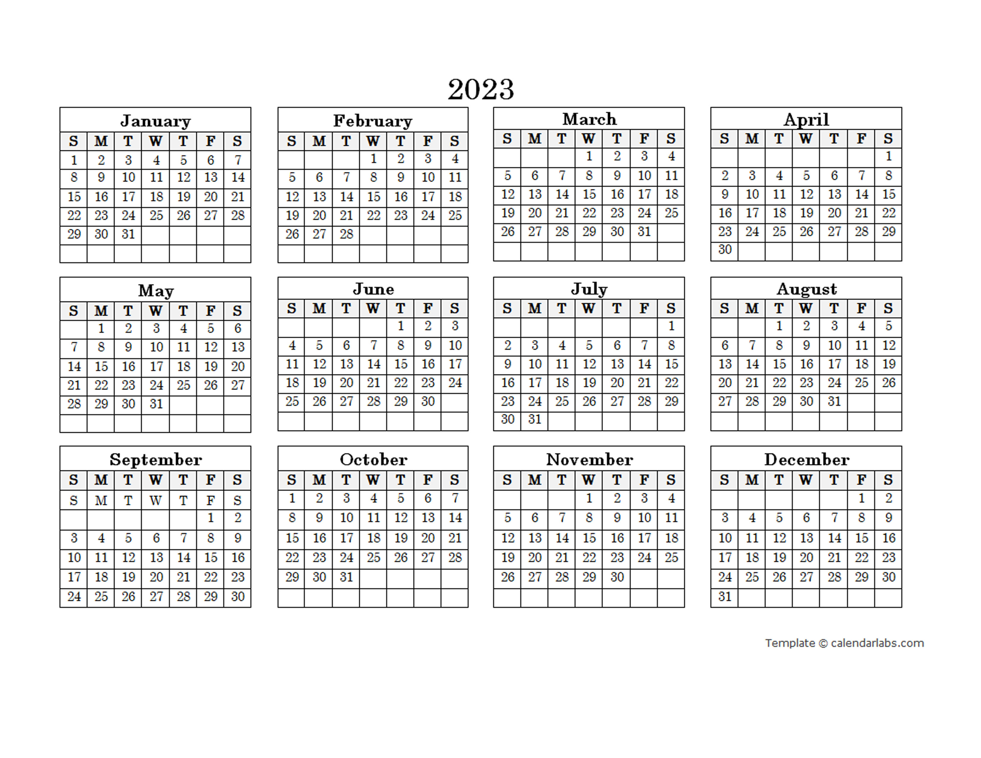 2023 Blank Yearly Calendar Landscape Free Printable Templates