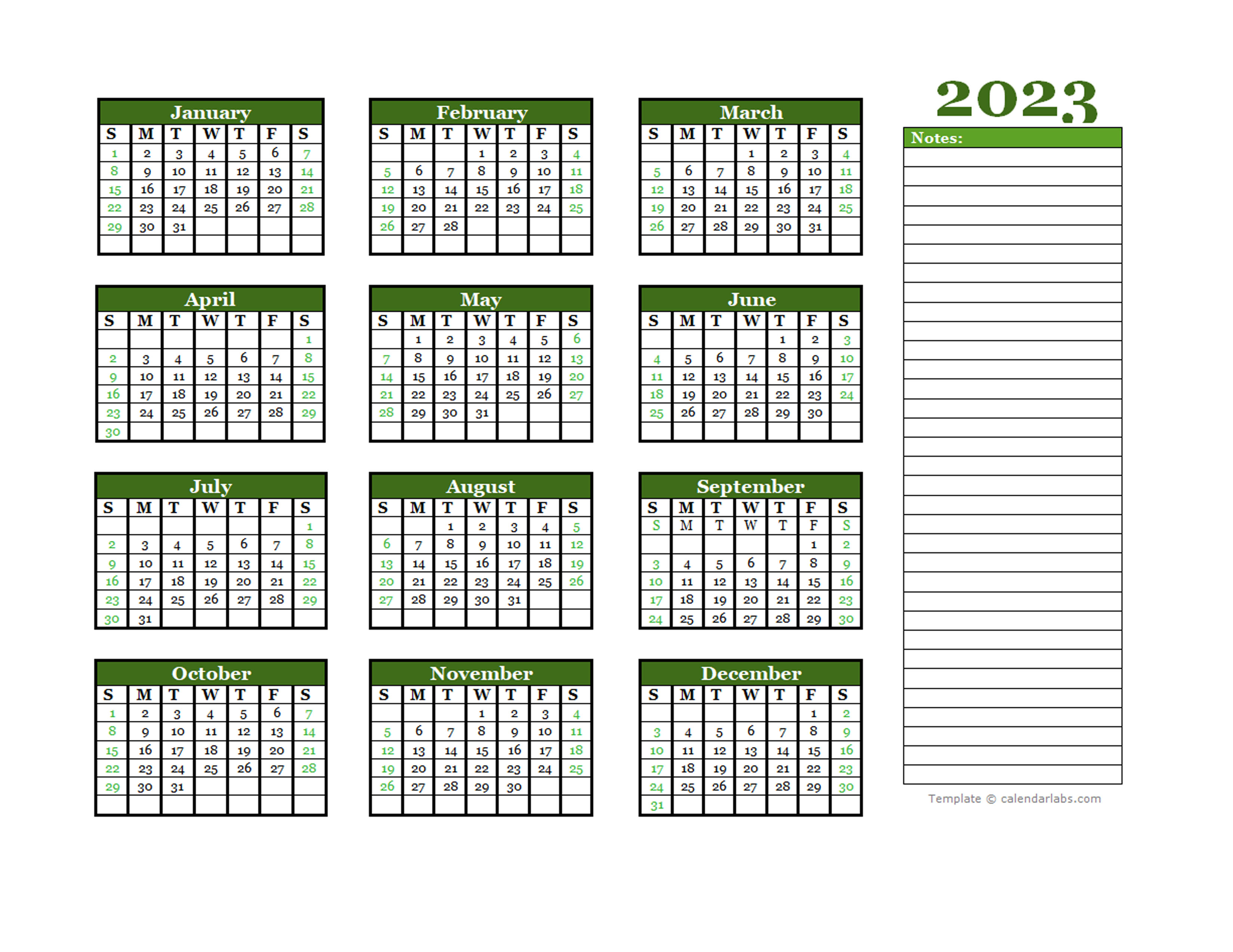 2023 Yearly Calendar With Blank Notes Free Printable Templates