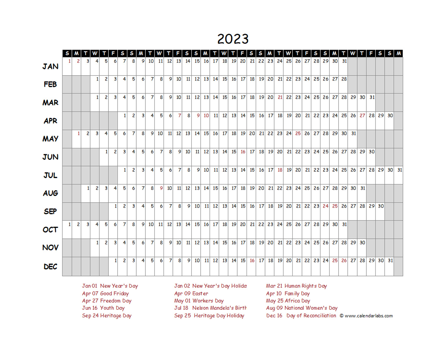 2023 Yearly Project Timeline Calendar South Africa Free Printable