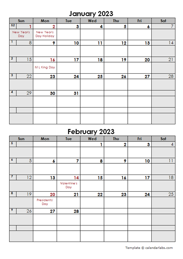 2023 2 Months Calendar Template