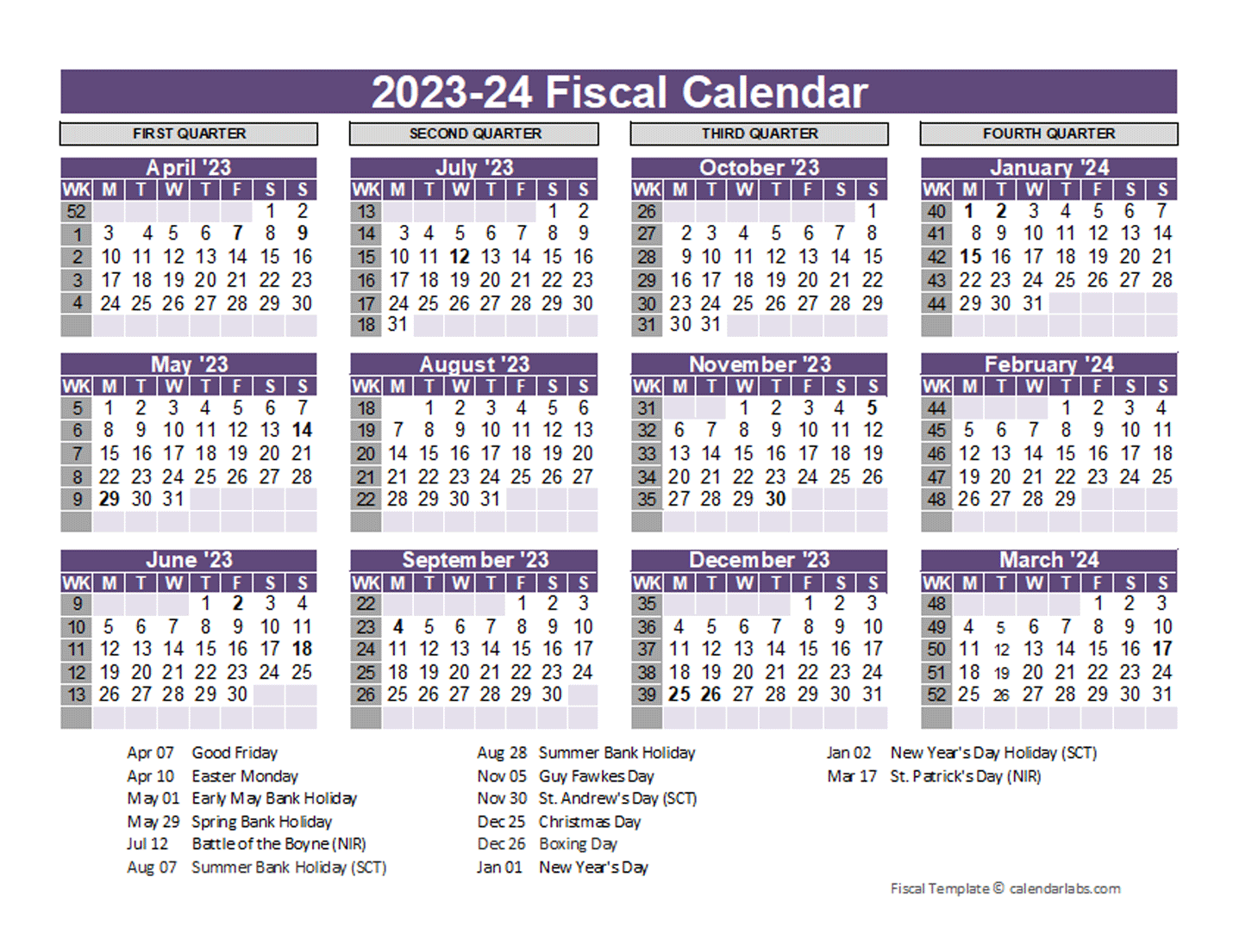 UK Fiscal Calendar Template 2023-2024