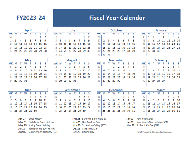 2023-24 Fiscal Year Calendar Template UK