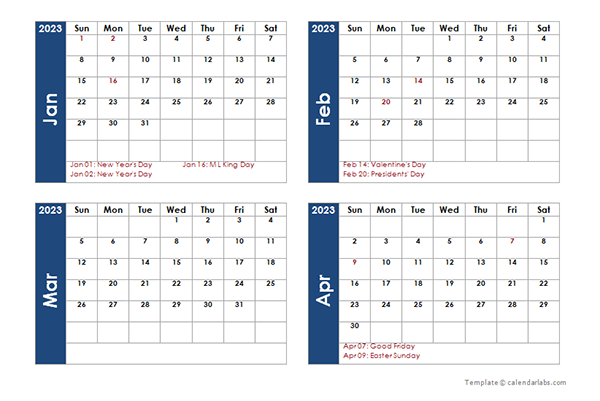 2023 Four Month Calendar Template