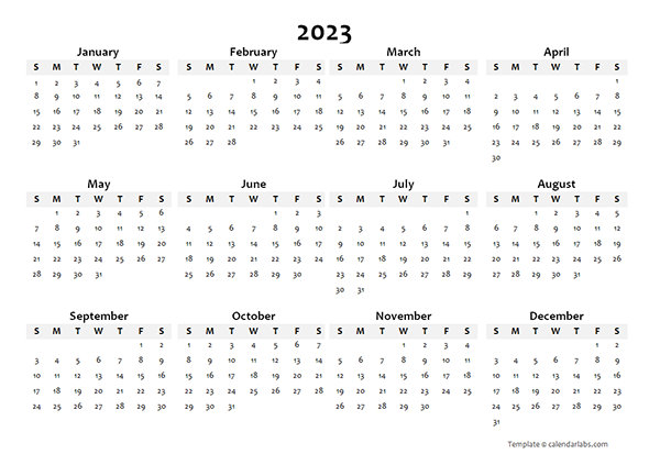 2023 Annual Blank Word Calendar Template
