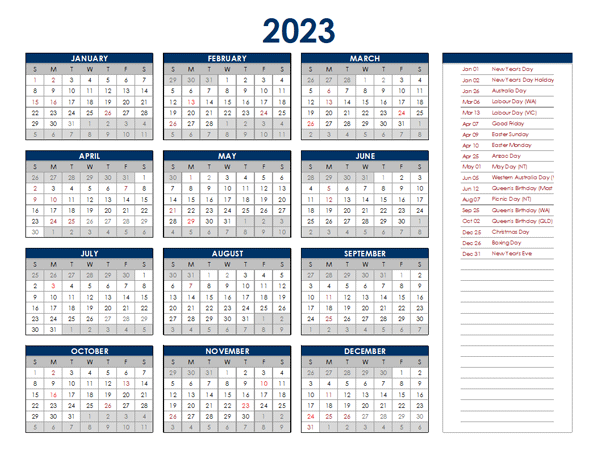 2023 Australia Annual Calendar with Holidays