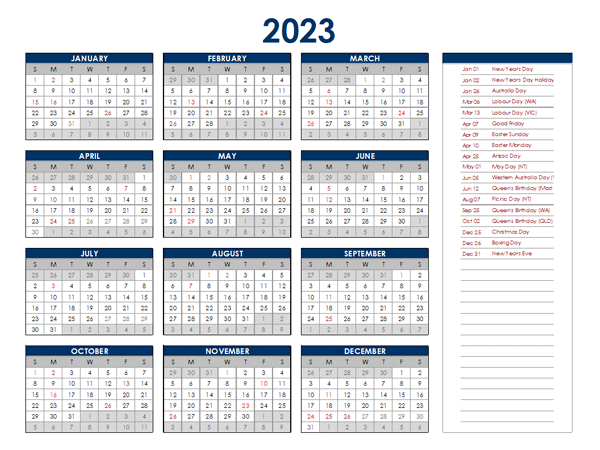 2023 Australia Annual Calendar With Holidays Free Printable Templates