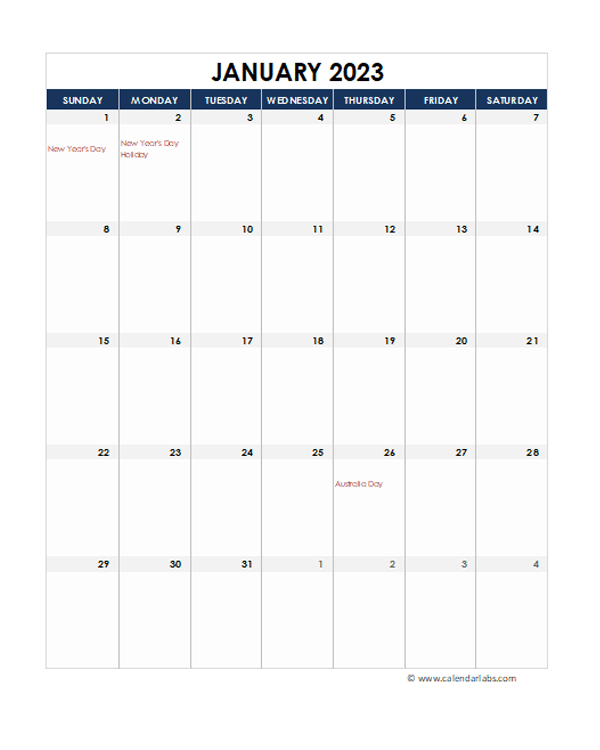 2023 Australia Calendar Spreadsheet Template