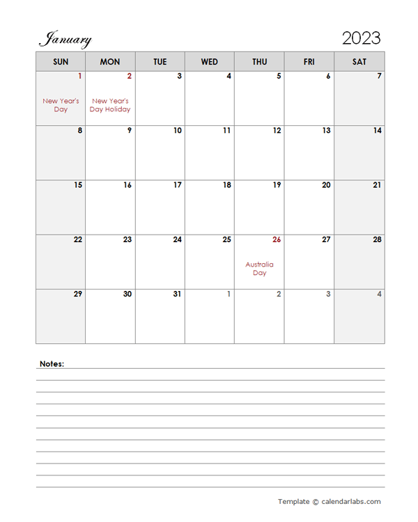 2023 Australia Calendar Template Large Boxes Free Printable Templates