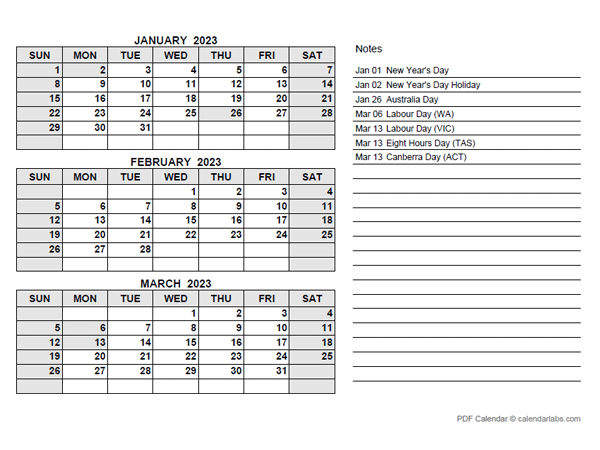 2023 Australia Quarterly Calendar with Holidays