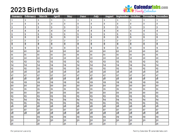 2023 Birthday Calendar Template