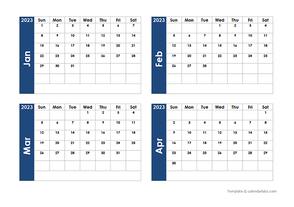 2023 Blank Four Month Calendar