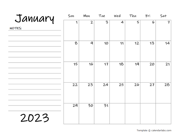 2023 Blank Calendar Template With Notes