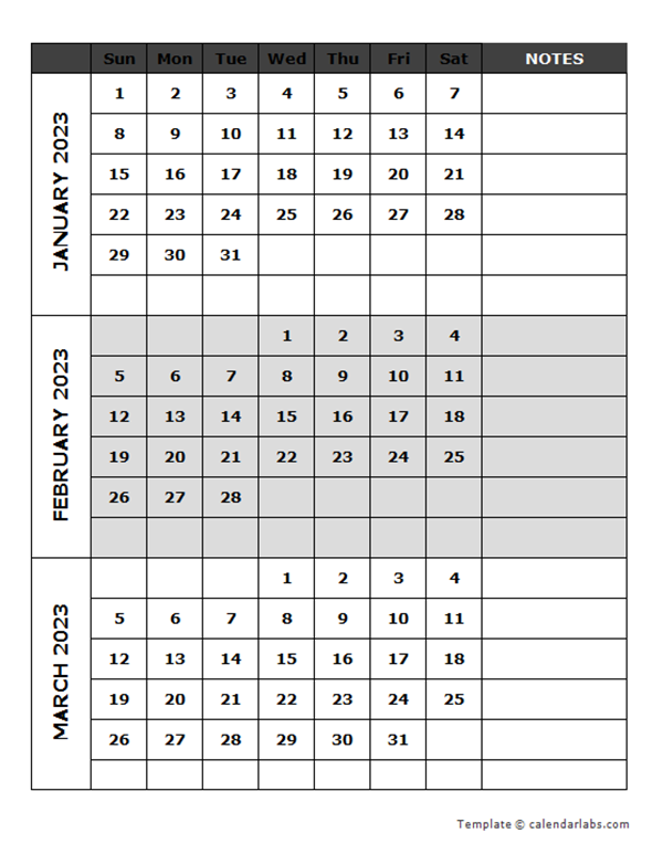 2023 Blank Quarterly Calendar