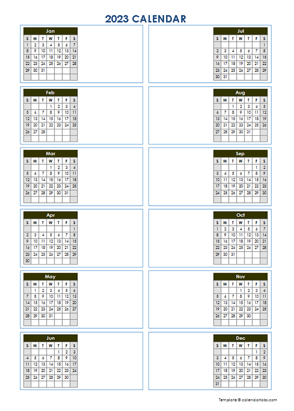 2023 Blank Yearly Calendar Template Vertical Design