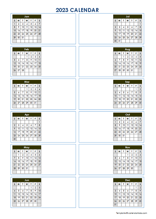 2023 Blank Yearly Calendar Template Vertical Design Free Printable