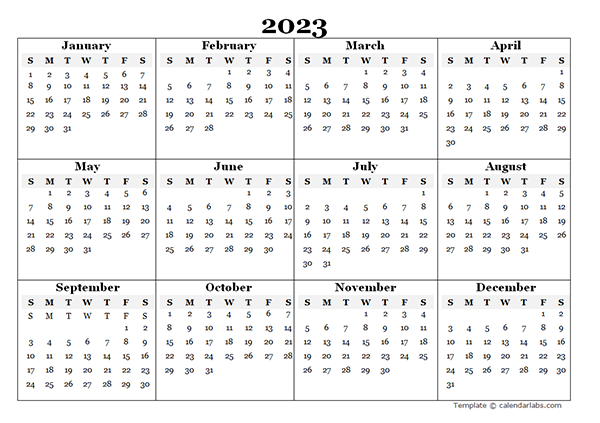 2023 Blank Yearly Calendar Template
