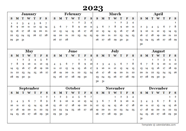 2023 Blank Yearly Word Calendar Template