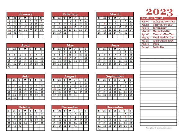 2023 Buddhist Festivals Calendar Template