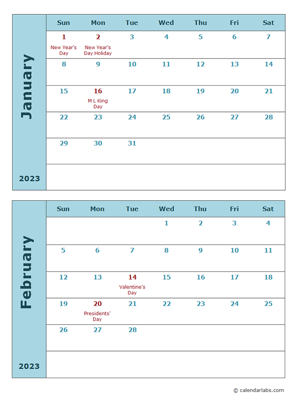 2023 Calendar Template Two Months Per Page